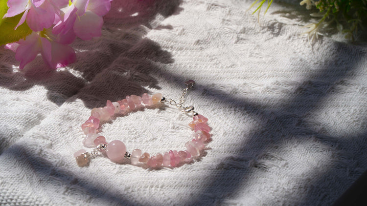 Stunning pink crystal bracelet, or rose quartz bracelet, with a sophisticated design.
